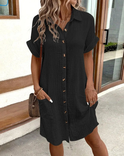 Womens Minimalist V-Neck Button-Up Dress - Casual Cotton Linen Shirt Dress with Pockets - ZOOMNSTORE