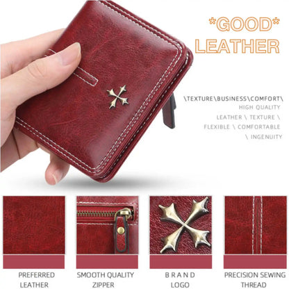 Womens Oil Wax Skin Short Wallet - Multi-Card Zipper Coin Purse - ZOOMNSTORE