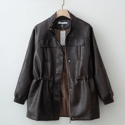 Womens PU Leather Jacket - Adjustable Waist Fall Coat - ZOOMNSTORE