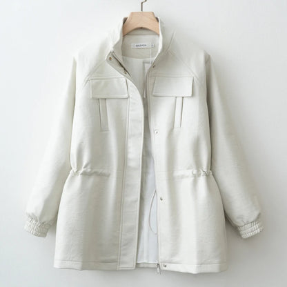 Womens PU Leather Jacket - Adjustable Waist Fall Coat - ZOOMNSTORE