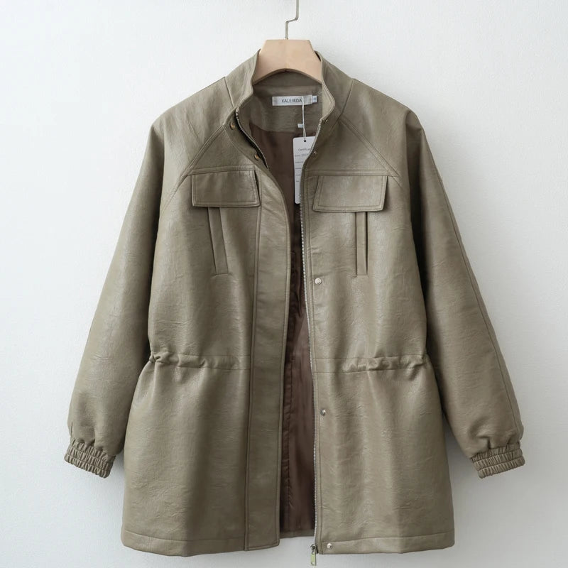 Womens PU Leather Jacket - Adjustable Waist Fall Coat - ZOOMNSTORE