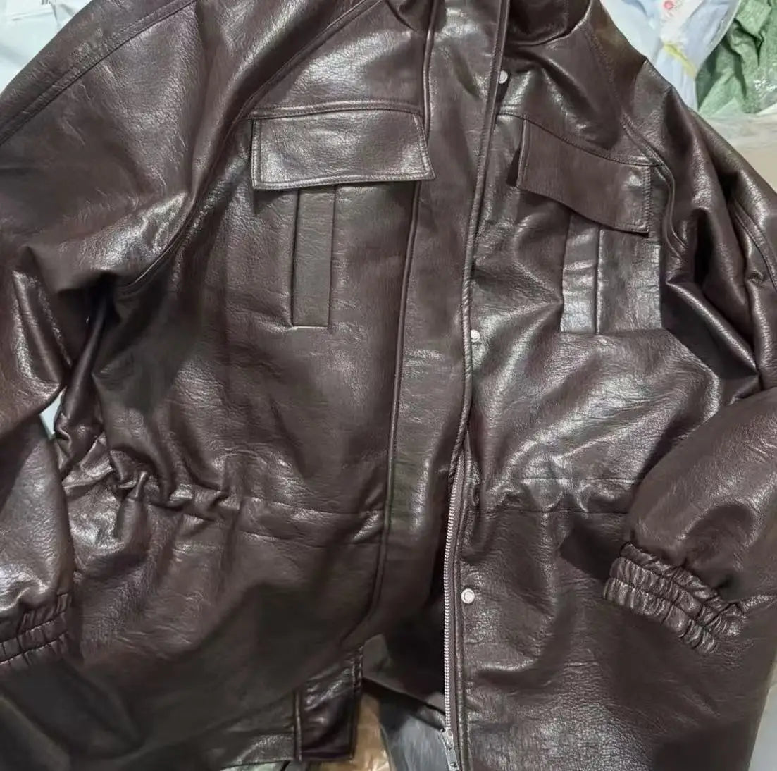 Womens PU Leather Jacket - Adjustable Waist Fall Coat - ZOOMNSTORE