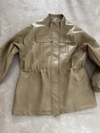 Womens PU Leather Jacket - Adjustable Waist Fall Coat - ZOOMNSTORE