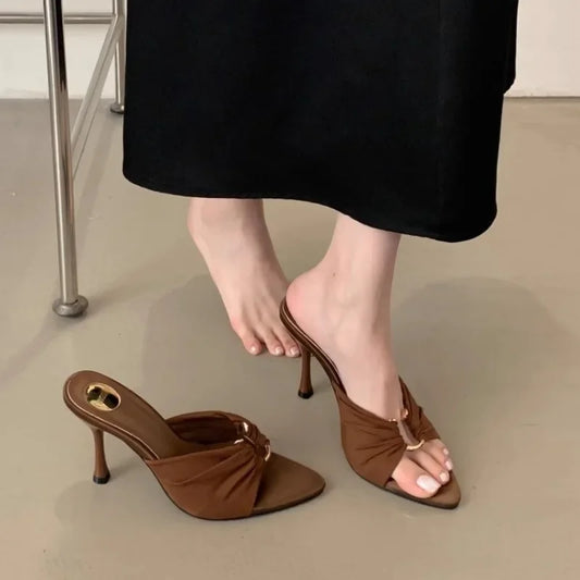 Womens Pointed Toe High Heels Slippers - Fashionable Thin Heels with Metal Decoration - ZOOMNSTORE