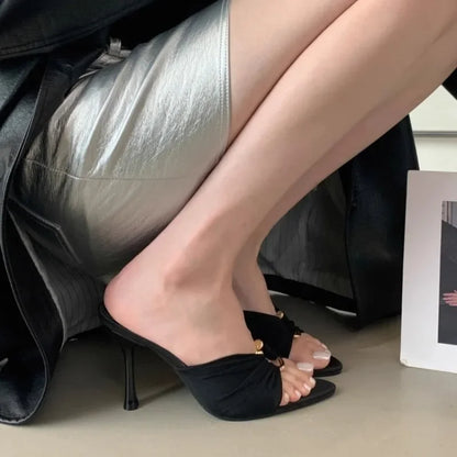 Womens Pointed Toe High Heels Slippers - Fashionable Thin Heels with Metal Decoration - ZOOMNSTORE