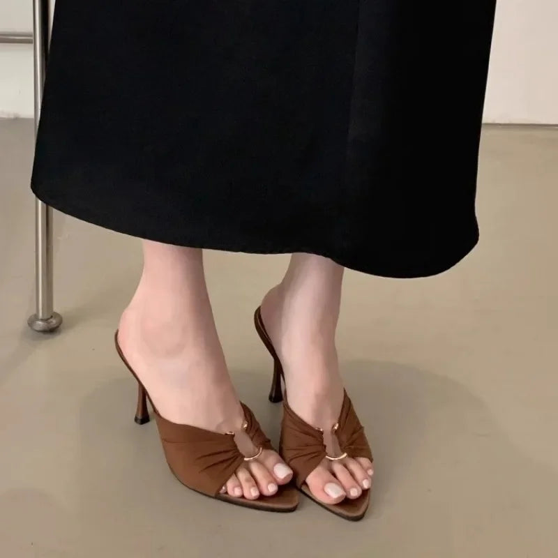 Womens Pointed Toe High Heels Slippers - Fashionable Thin Heels with Metal Decoration - ZOOMNSTORE