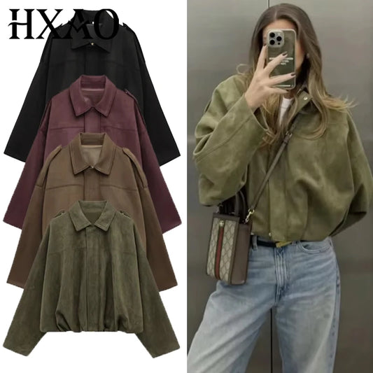 Womens Suede Bomber Jacket - Cropped Long Sleeve Zipper Coat - ZOOMNSTORE