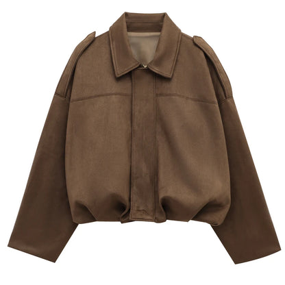 Womens Suede Bomber Jacket - Cropped Long Sleeve Zipper Coat - ZOOMNSTORE