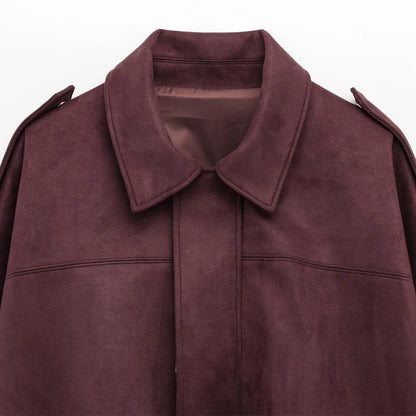 Womens Suede Bomber Jacket - Cropped Long Sleeve Zipper Coat - ZOOMNSTORE