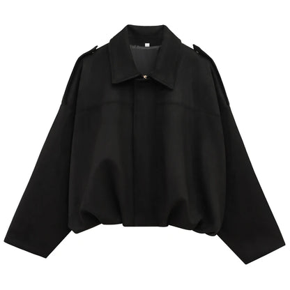 Womens Suede Bomber Jacket - Cropped Long Sleeve Zipper Coat - ZOOMNSTORE