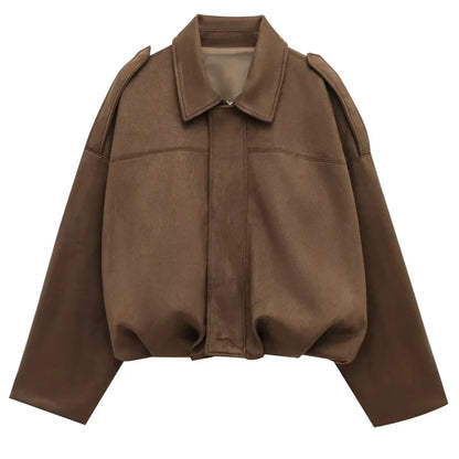 Womens Suede Bomber Jacket - Cropped Long Sleeve Zipper Coat - ZOOMNSTORE