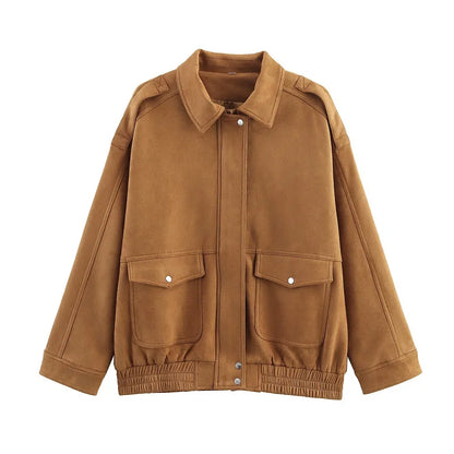 Womens Suede Bomber Jacket - Stylish Streetwear Outerwear - ZOOMNSTORE
