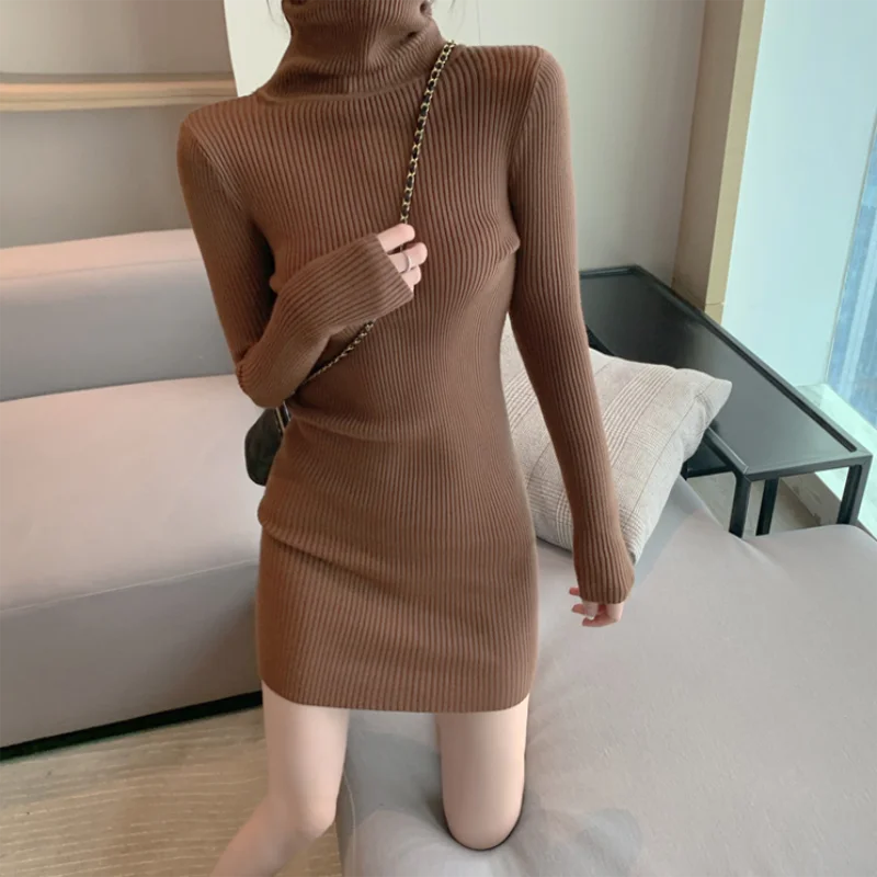 Womens Turtleneck Bodycon Dress - Warm Long Sleeve Knit Mini Dress for Office  Casual Wear - ZOOMNSTORE
