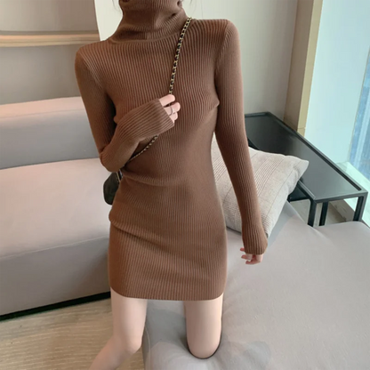 Womens Turtleneck Bodycon Dress - Warm Long Sleeve Knit Mini Dress for Office  Casual Wear - ZOOMNSTORE