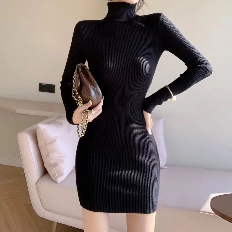 Womens Turtleneck Bodycon Dress - Warm Long Sleeve Knit Mini Dress for Office  Casual Wear - ZOOMNSTORE