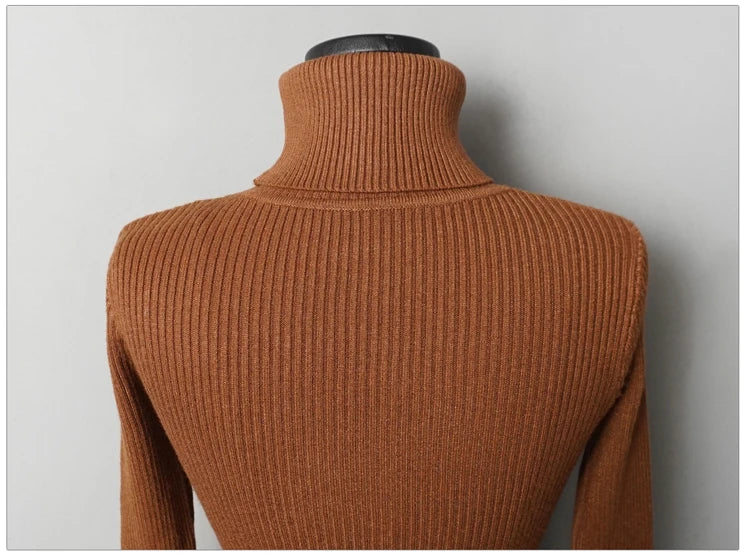 Womens Turtleneck Bodycon Dress - Warm Long Sleeve Knit Mini Dress for Office  Casual Wear - ZOOMNSTORE