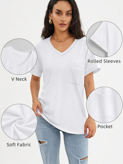 Womens V-Neck Short Sleeve T-Shirt - Cute Casual Summer Tee S-XXL - ZOOMNSTORE
