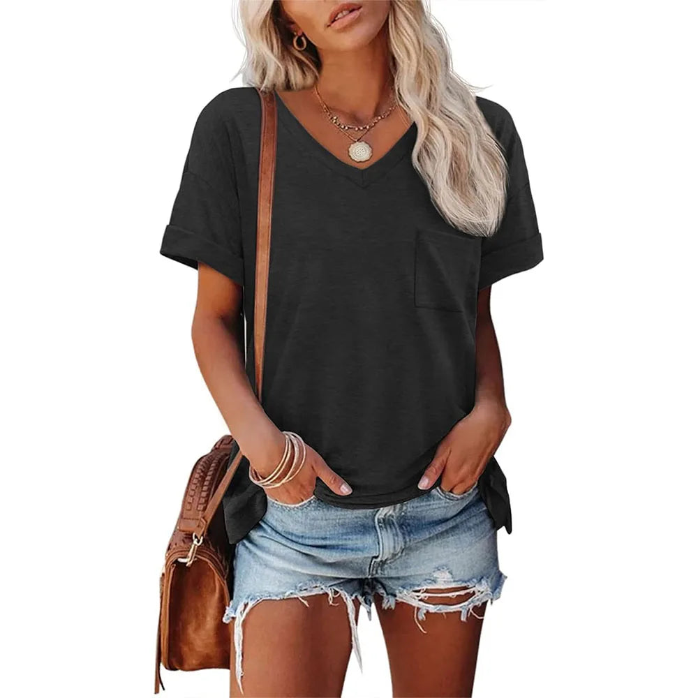 Womens V-Neck Short Sleeve T-Shirt - Cute Casual Summer Tee S-XXL - ZOOMNSTORE