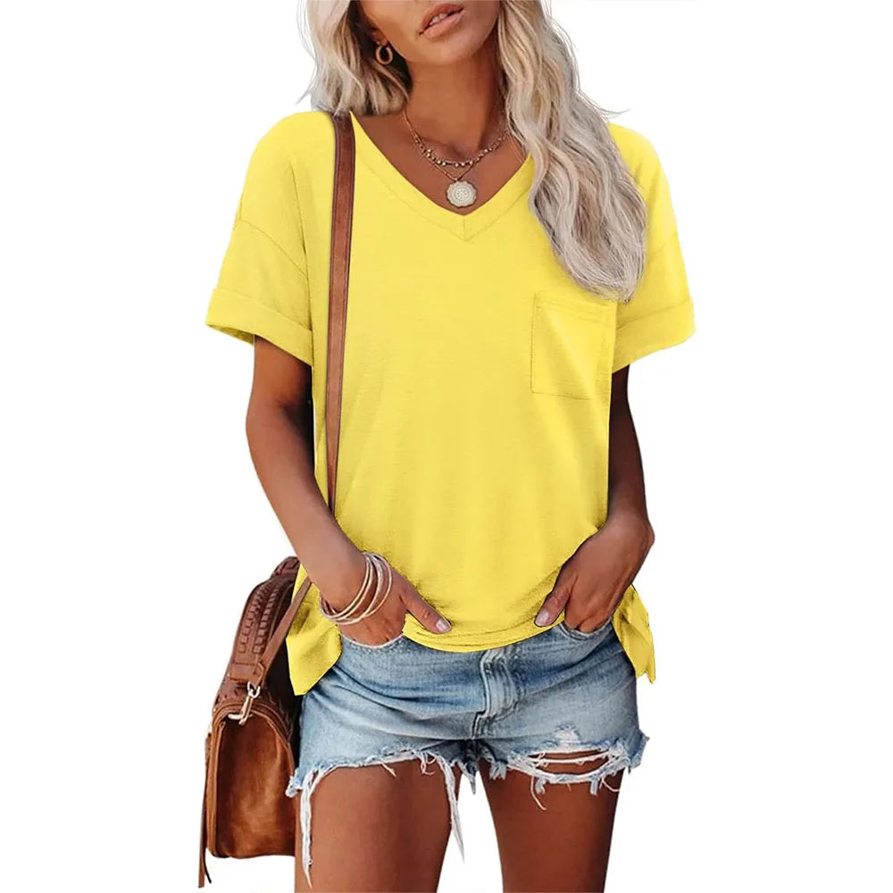 Womens V-Neck Short Sleeve T-Shirt - Cute Casual Summer Tee S-XXL - ZOOMNSTORE