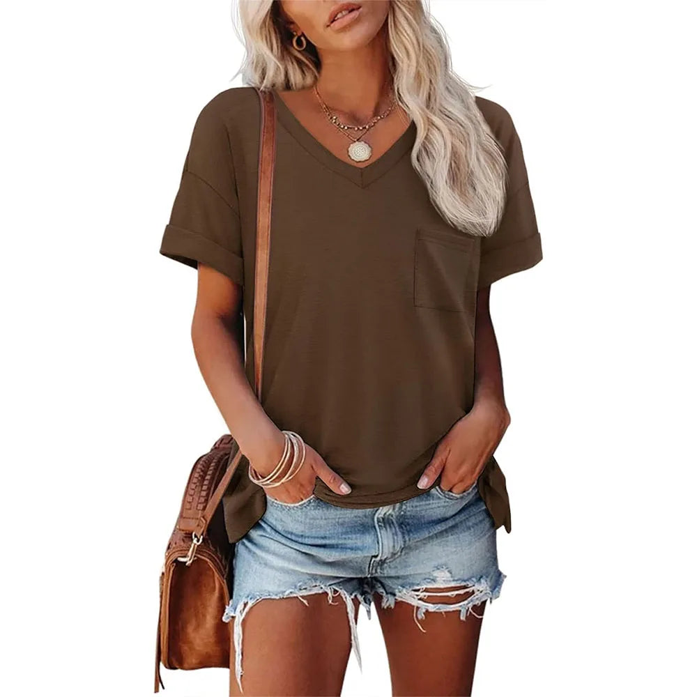 Womens V-Neck Short Sleeve T-Shirt - Cute Casual Summer Tee S-XXL - ZOOMNSTORE