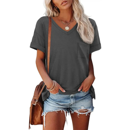 Womens V-Neck Short Sleeve T-Shirt - Cute Casual Summer Tee S-XXL - ZOOMNSTORE