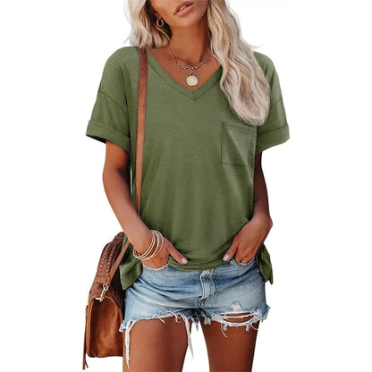 Womens V-Neck Short Sleeve T-Shirt - Cute Casual Summer Tee S-XXL - ZOOMNSTORE
