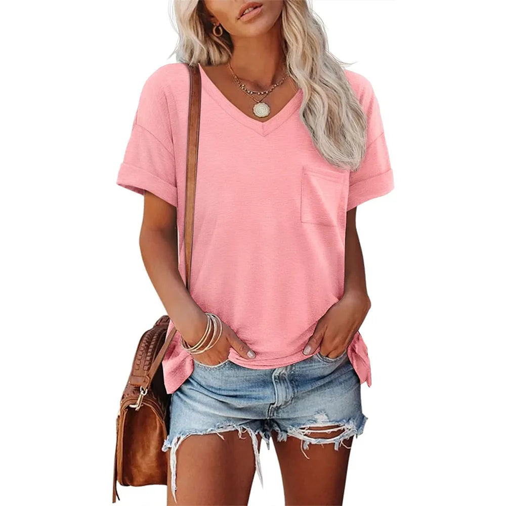 Womens V-Neck Short Sleeve T-Shirt - Cute Casual Summer Tee S-XXL - ZOOMNSTORE