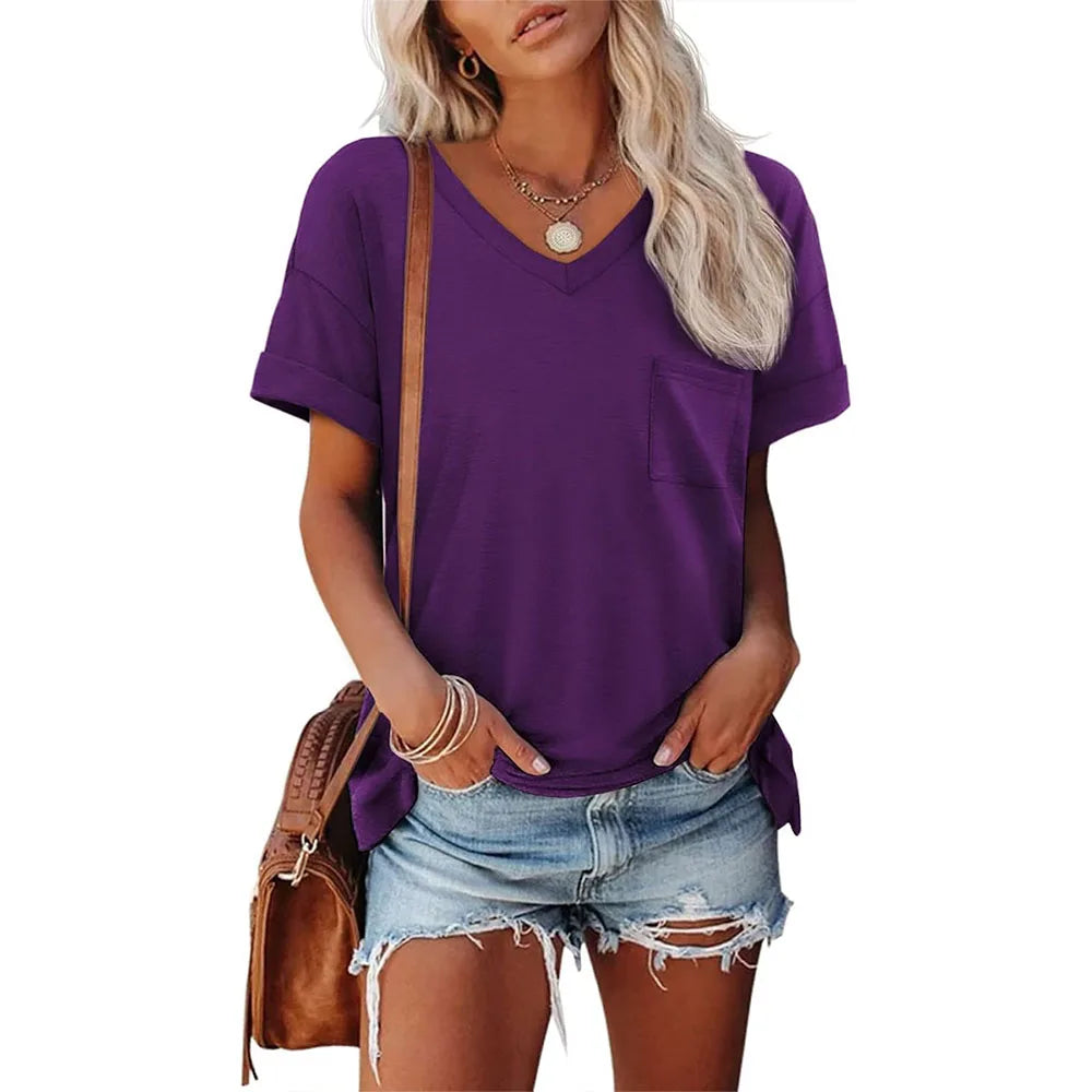 Womens V-Neck Short Sleeve T-Shirt - Cute Casual Summer Tee S-XXL - ZOOMNSTORE