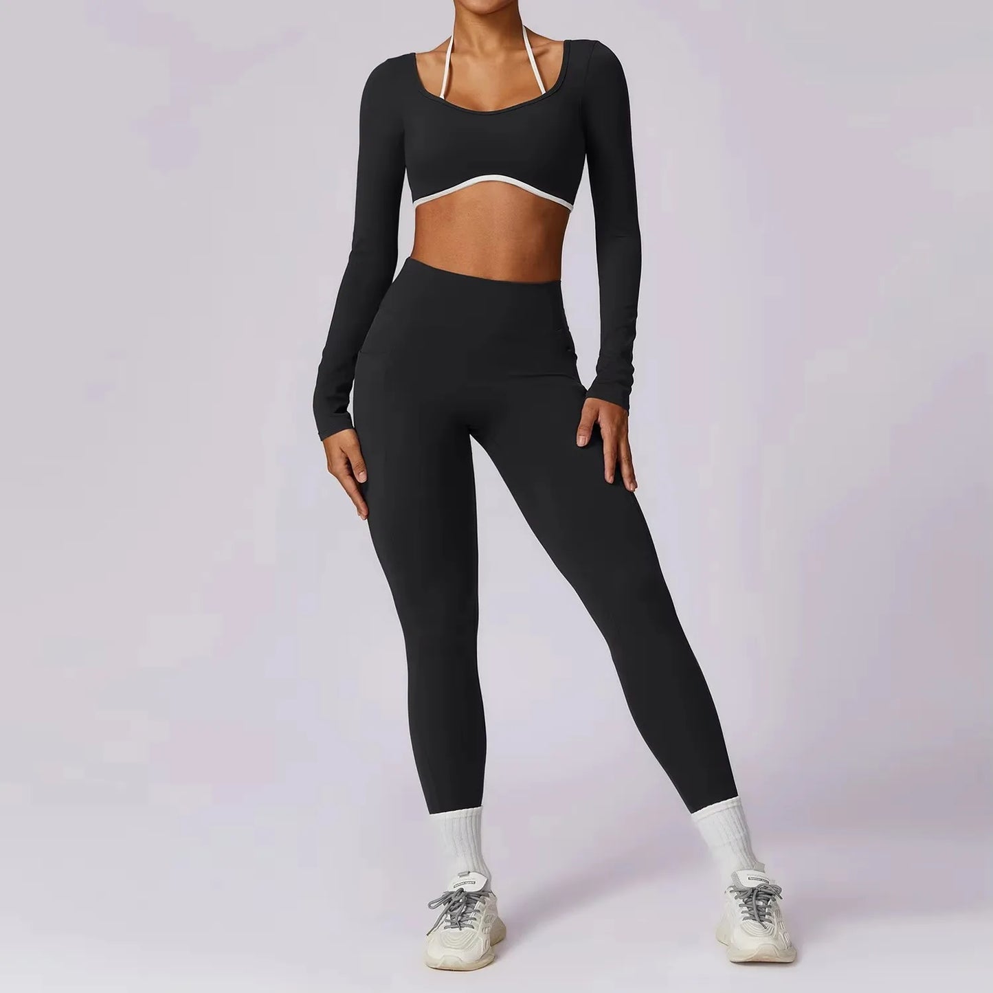 Womens Yoga Set - 2PCS Athletic Wear with Push Up Leggings  Long Sleeve Crop Top - ZOOMNSTORE