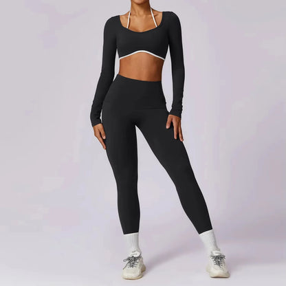 Womens Yoga Set - 2PCS Athletic Wear with Push Up Leggings  Long Sleeve Crop Top - ZOOMNSTORE