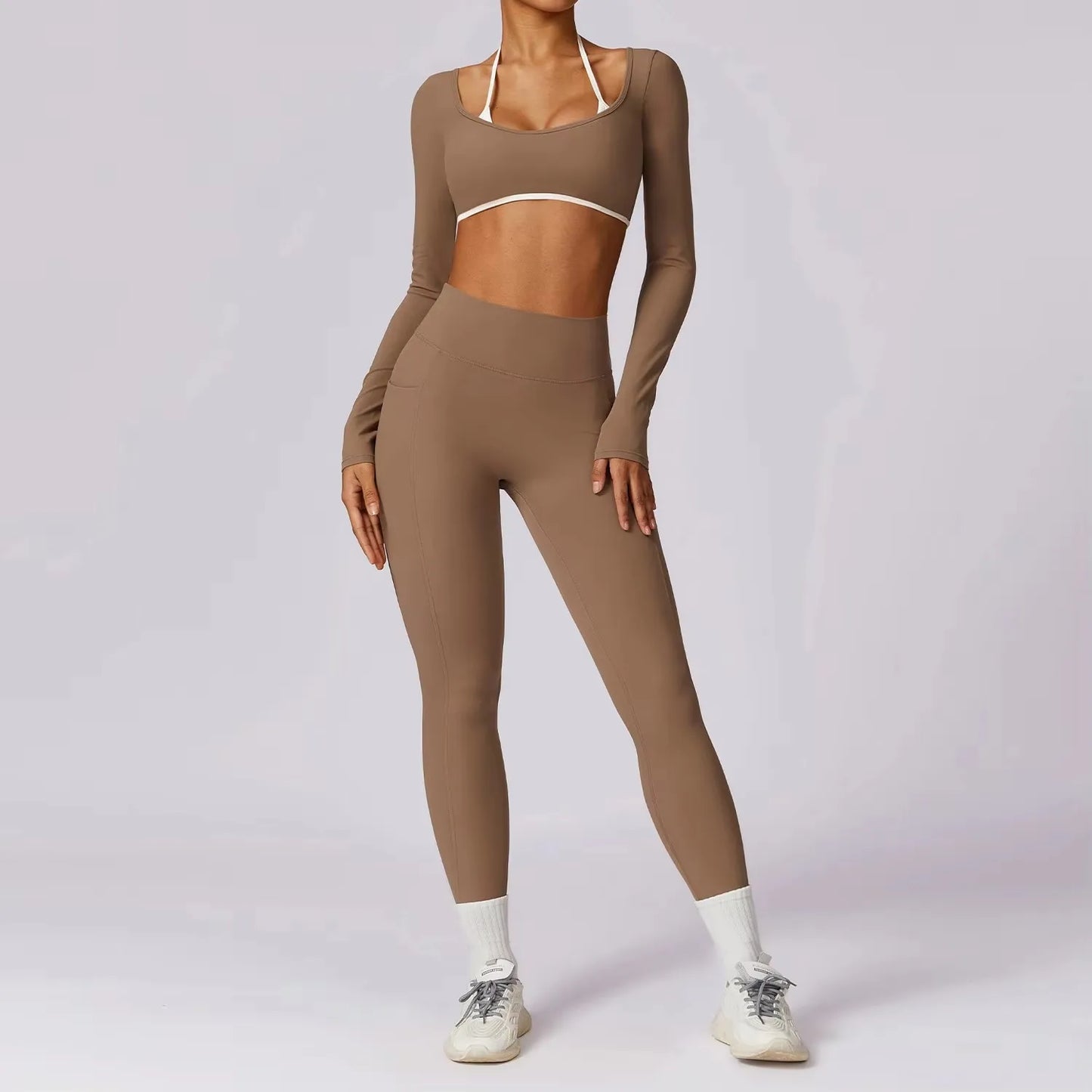 Womens Yoga Set - 2PCS Athletic Wear with Push Up Leggings  Long Sleeve Crop Top - ZOOMNSTORE