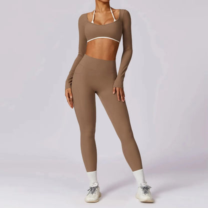 Womens Yoga Set - 2PCS Athletic Wear with Push Up Leggings  Long Sleeve Crop Top - ZOOMNSTORE