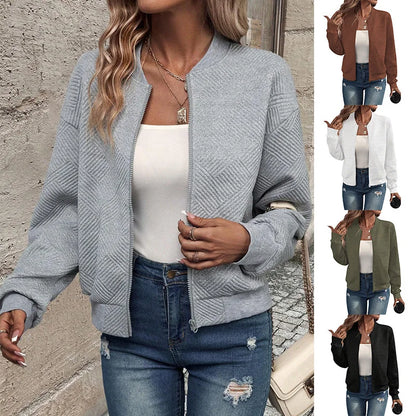 Womens Zipper Jacket - Casual Solid Color Baseball Collar Fall  Winter Outerwear - ZOOMNSTORE