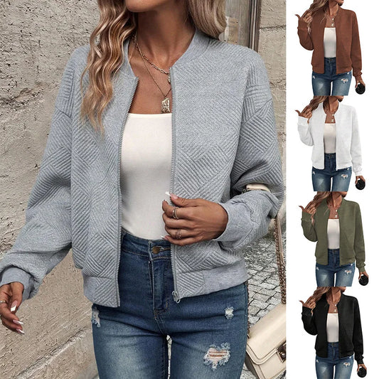 Womens Zipper Jacket - Casual Solid Color Baseball Collar Fall  Winter Outerwear - ZOOMNSTORE
