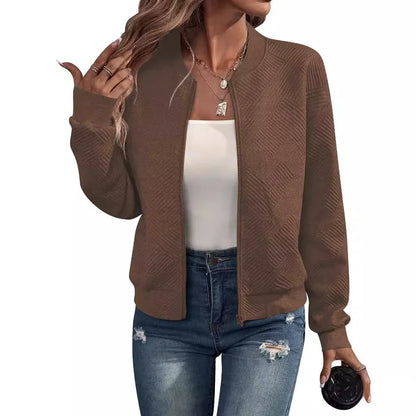 Womens Zipper Jacket - Casual Solid Color Baseball Collar Fall  Winter Outerwear - ZOOMNSTORE