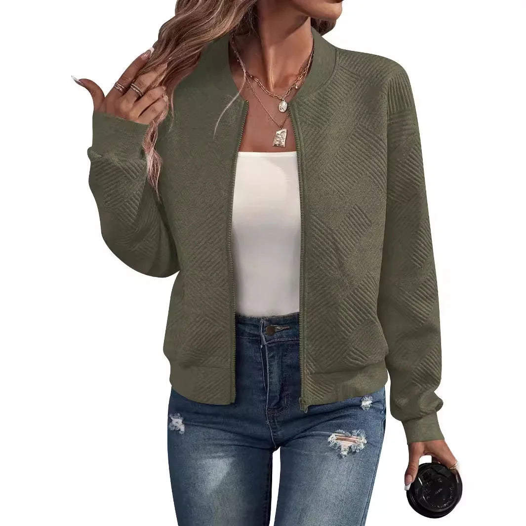 Womens Zipper Jacket - Casual Solid Color Baseball Collar Fall  Winter Outerwear - ZOOMNSTORE