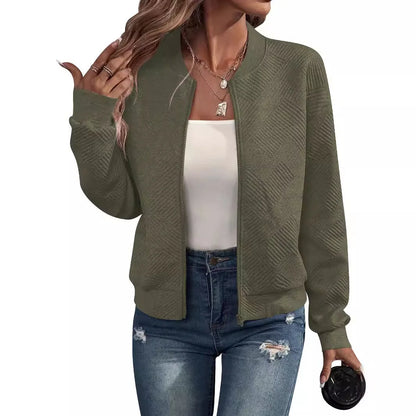 Womens Zipper Jacket - Casual Solid Color Baseball Collar Fall  Winter Outerwear - ZOOMNSTORE