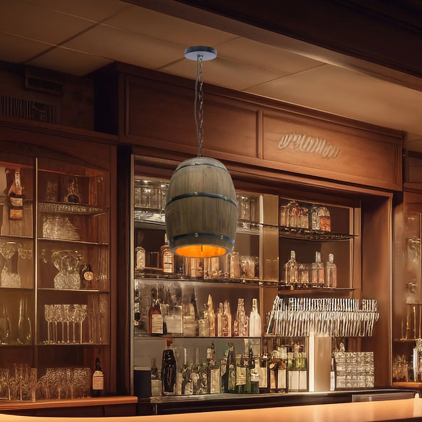 Wood Wine Barrel Pendant - Vintage Industrial Ceiling Lamp With Adjustable Chain - ZOOMNSTORE