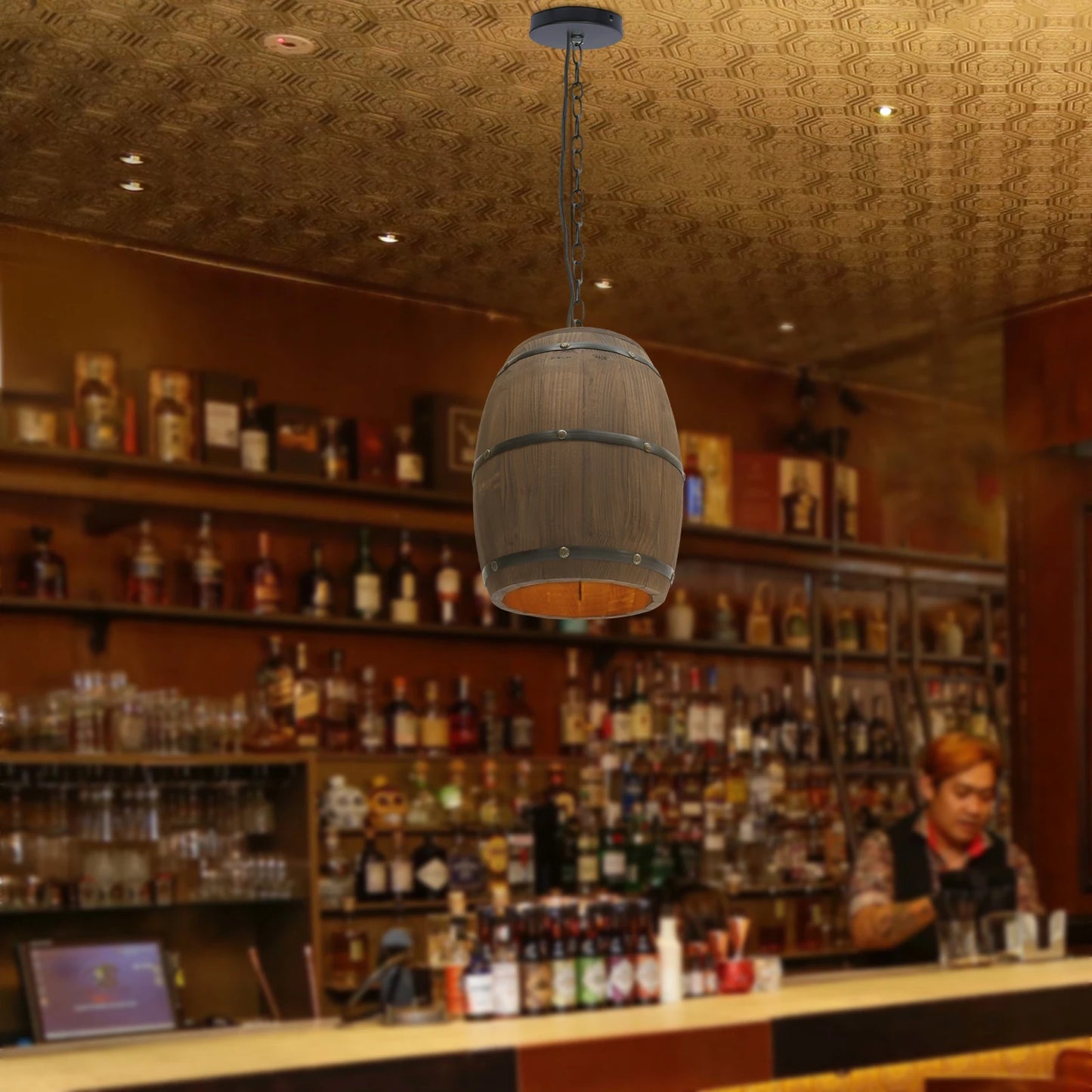 Wood Wine Barrel Pendant - Vintage Industrial Ceiling Lamp With Adjustable Chain - ZOOMNSTORE