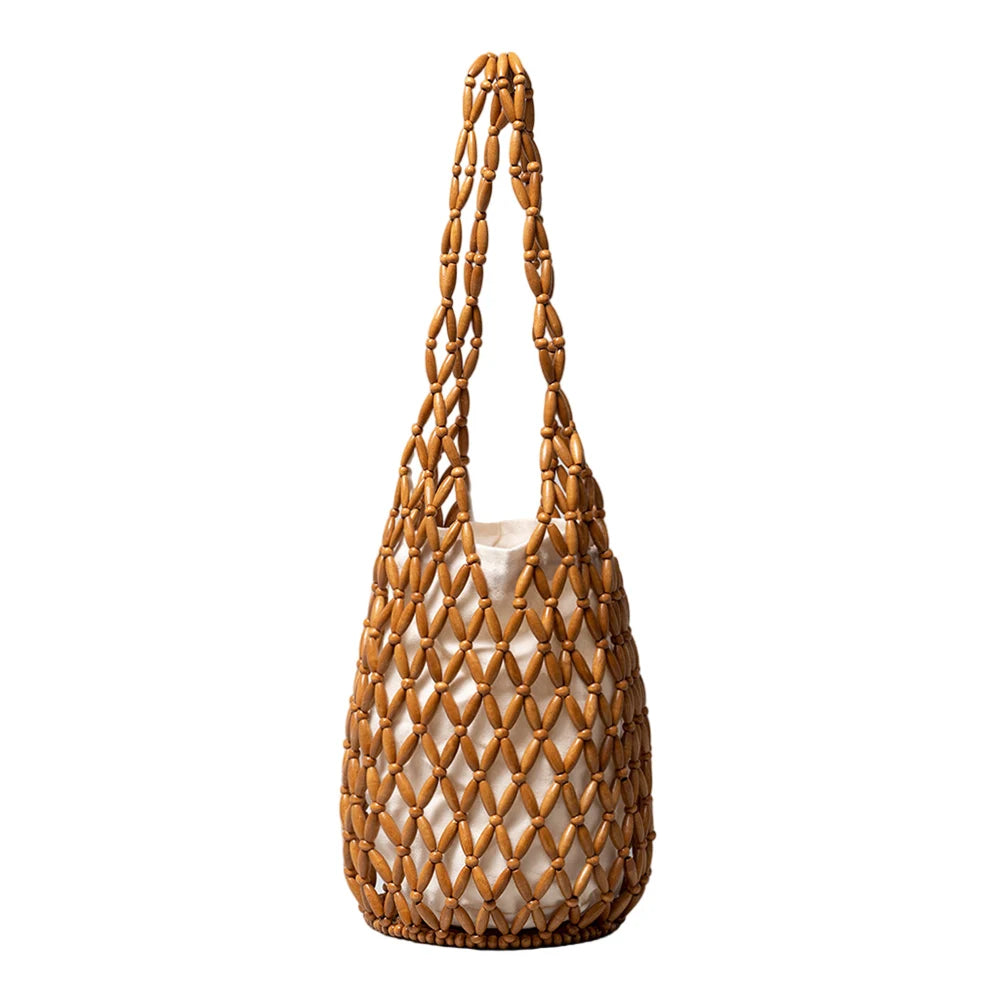 Handmade Wooden Beaded Tote Bag - Woven Shoulder Bag for Travel - ZOOMNSTORE