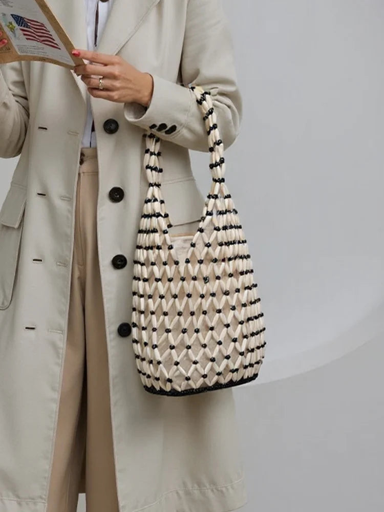 Handmade Wooden Beaded Tote Bag - Woven Shoulder Bag for Travel - ZOOMNSTORE