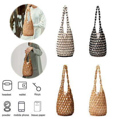 Handmade Wooden Beaded Tote Bag - Woven Shoulder Bag for Travel - ZOOMNSTORE