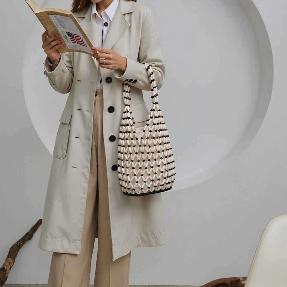 Handmade Wooden Beaded Tote Bag - Woven Shoulder Bag for Travel - ZOOMNSTORE