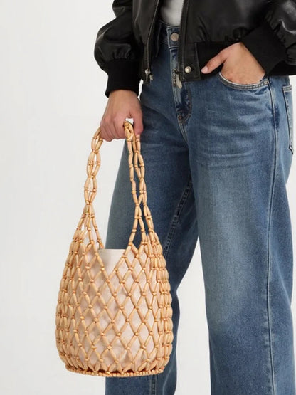 Handmade Wooden Beaded Tote Bag - Woven Shoulder Bag for Travel - ZOOMNSTORE