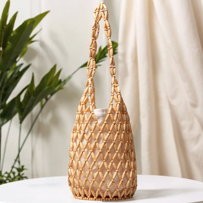 Handmade Wooden Beaded Tote Bag - Woven Shoulder Bag for Travel - ZOOMNSTORE