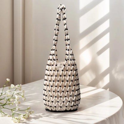 Handmade Wooden Beaded Tote Bag - Woven Shoulder Bag for Travel - ZOOMNSTORE
