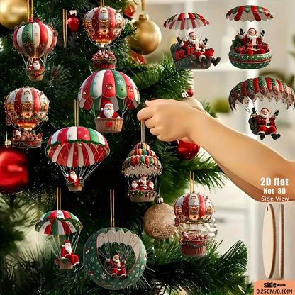 Wooden Christmas Decorations - 12pcs 2D Tree Ornaments with Santa Claus & Hot Air Balloon - ZOOMNSTORE