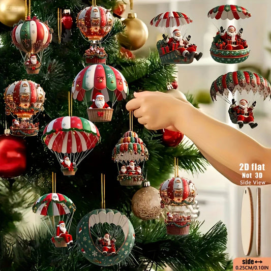 Wooden Christmas Decorations - 12pcs 2D Tree Ornaments with Santa Claus & Hot Air Balloon - ZOOMNSTORE