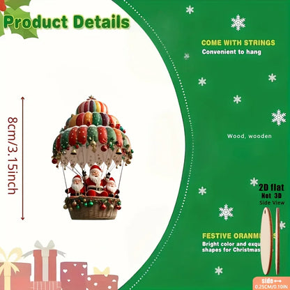 Wooden Christmas Decorations - 12pcs 2D Tree Ornaments with Santa Claus & Hot Air Balloon - ZOOMNSTORE