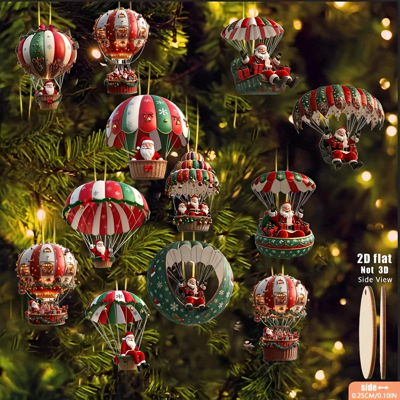 Wooden Christmas Decorations - 12pcs 2D Tree Ornaments with Santa Claus & Hot Air Balloon - ZOOMNSTORE